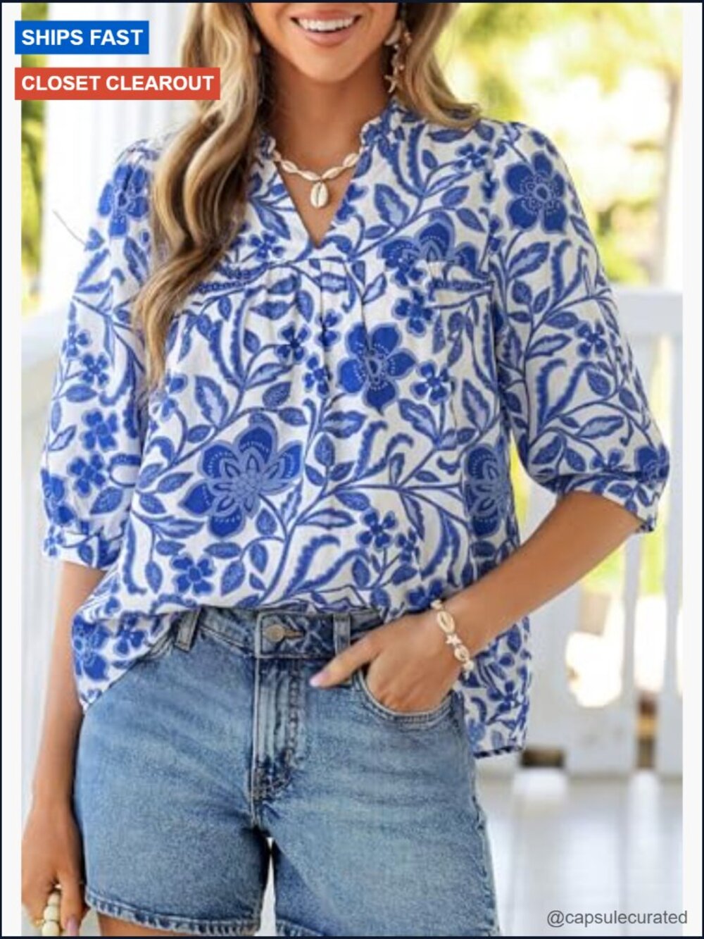 Floral Boho Blouse Half Sleeve V Neck Dressy Casual Top - Picture 2 of 7
